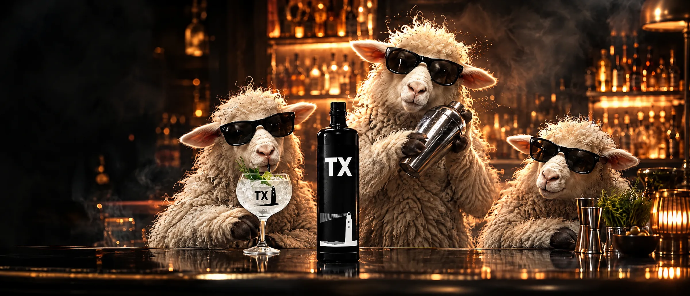 Drie TX-schapen met zonnebril aan de bar; de middelste shaket een cocktail naast een fles TX Gin